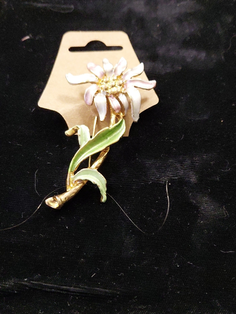 Gold-Tone Pink & White Enamel Flower Brooch with Green Leaves